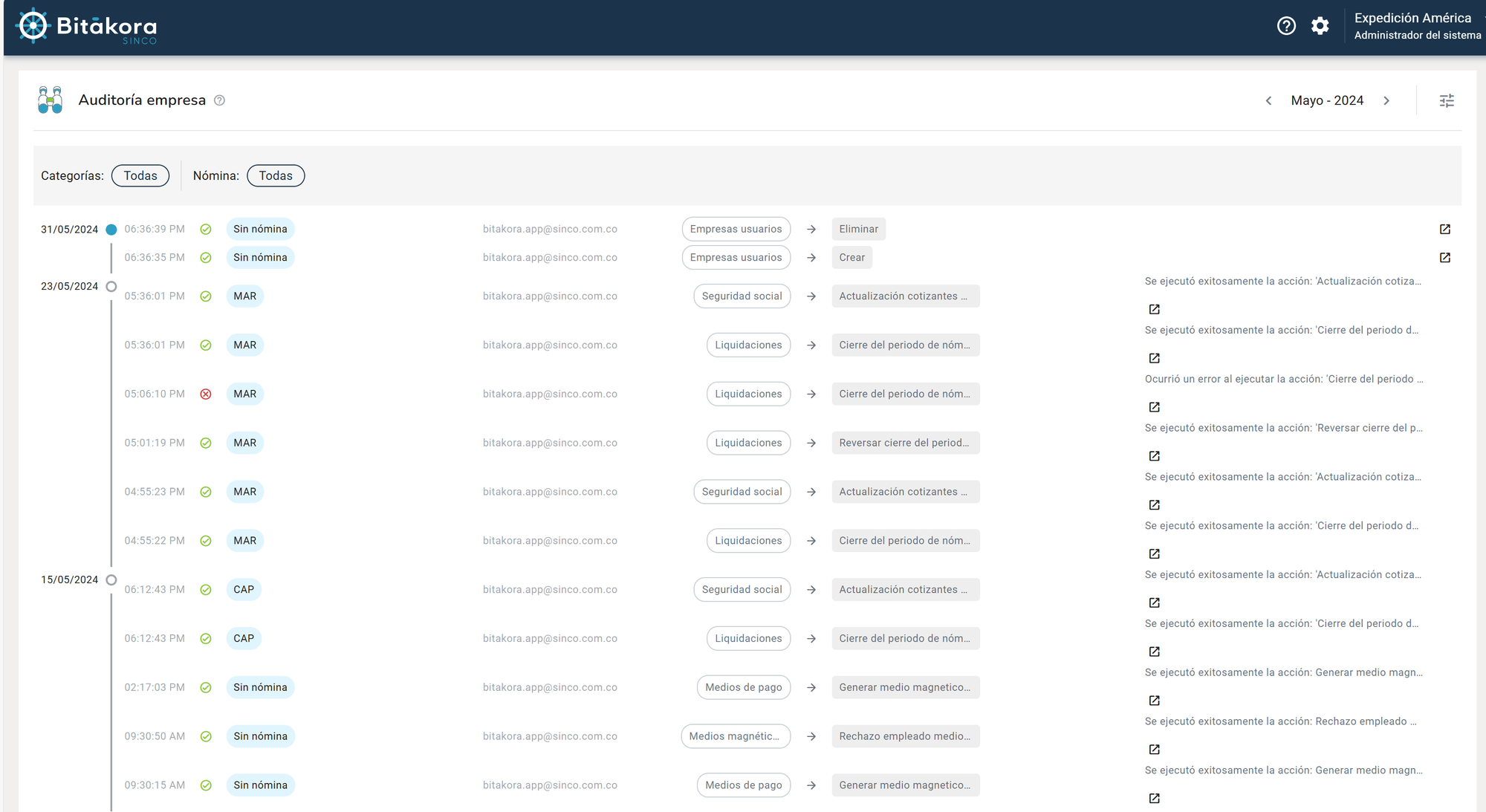 Vista de cambio de configuraciones de la empresa y las nóminas en Bitákora