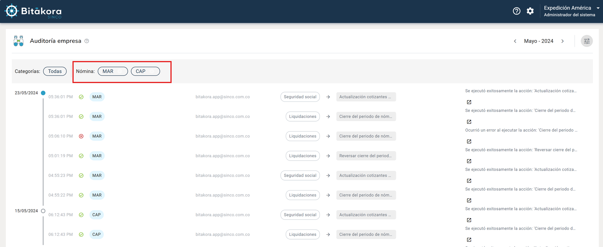 Registros de modificaciones de nóminas en Bitákora