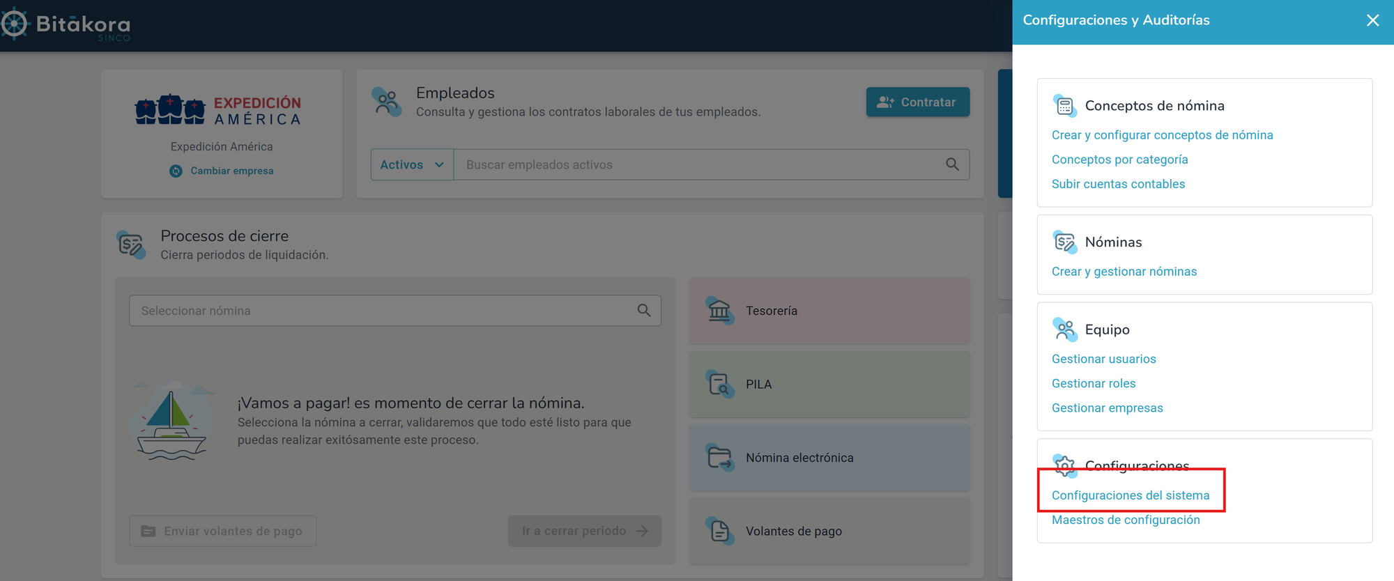 Opción de configuración del sistema