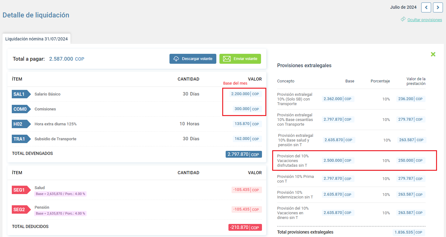 Liquidación del empleado y visor de provisiones