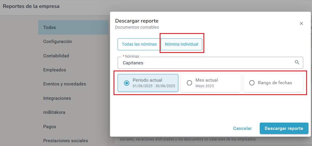 Filtros por nómina para consultar el reporte