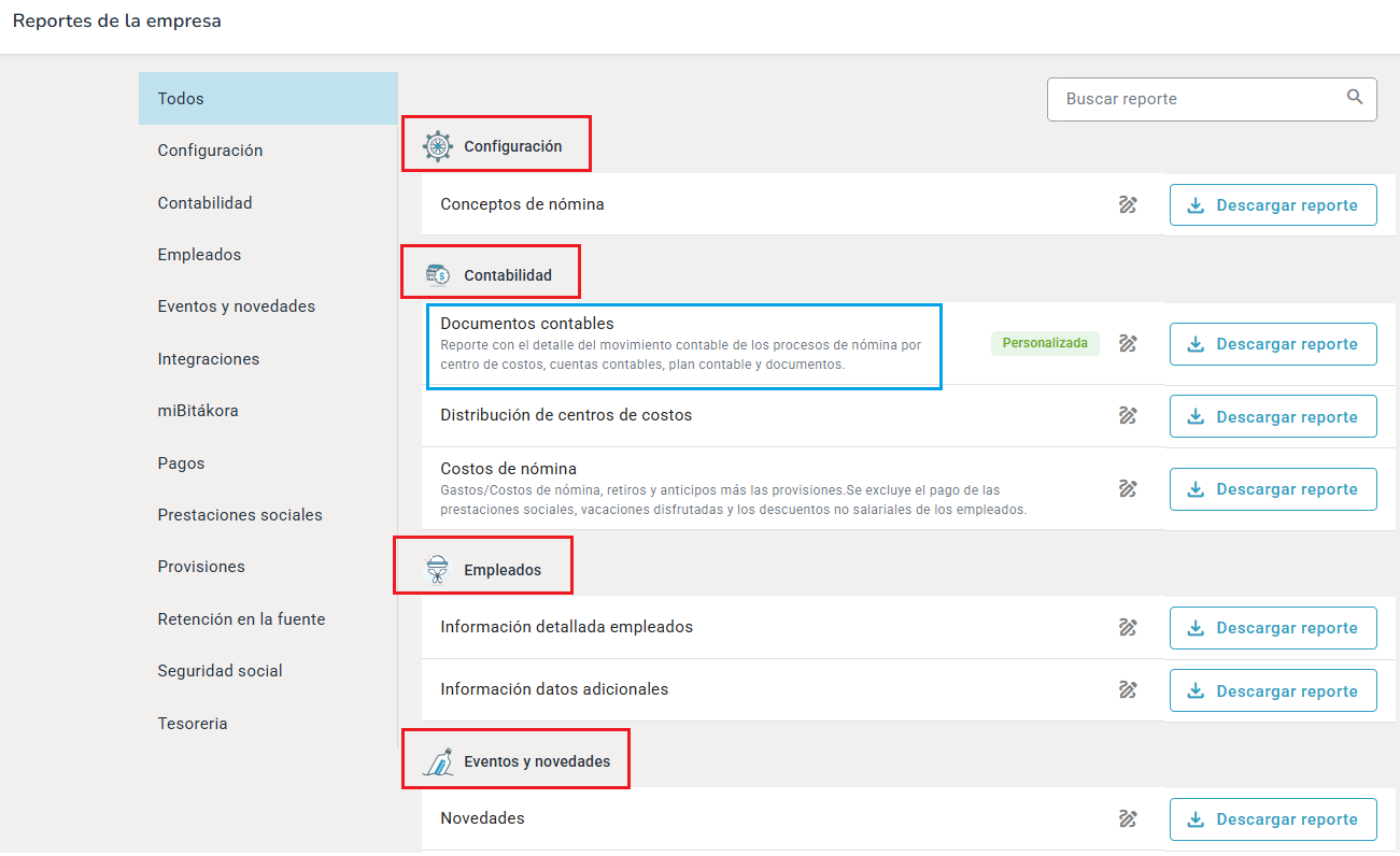 Identificación de los grupos y detalles de los reportes