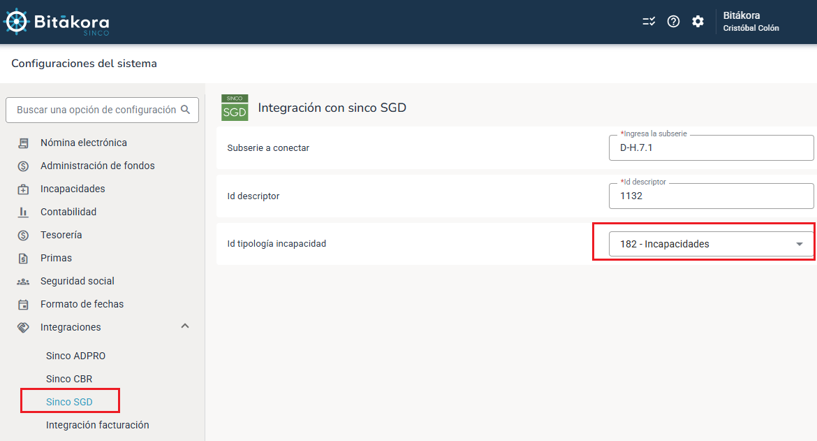 Configurar la tipología de la incapacidad para Sinco SGD