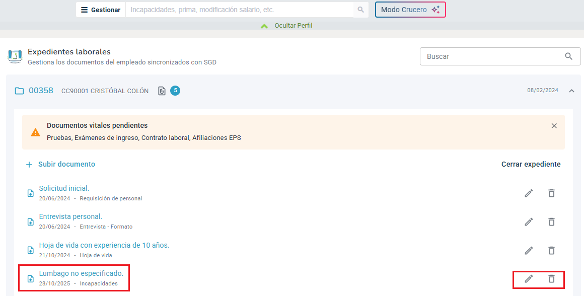 Consulta del expediente laboral por la ficha de empleados